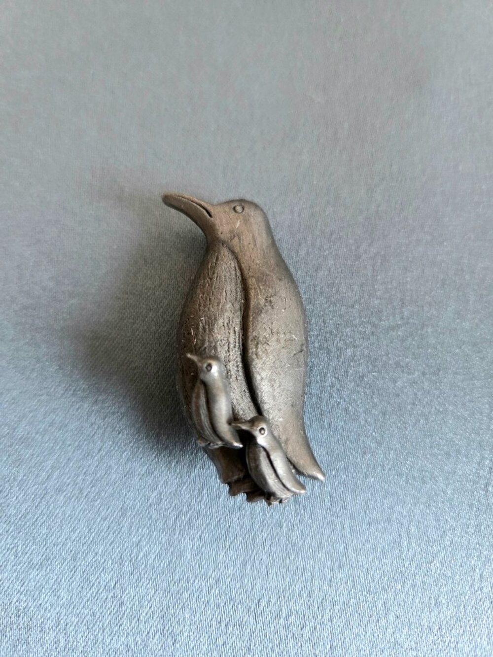 Vintage Pewter Pinguin with 2 Babies Brooch and Earrings